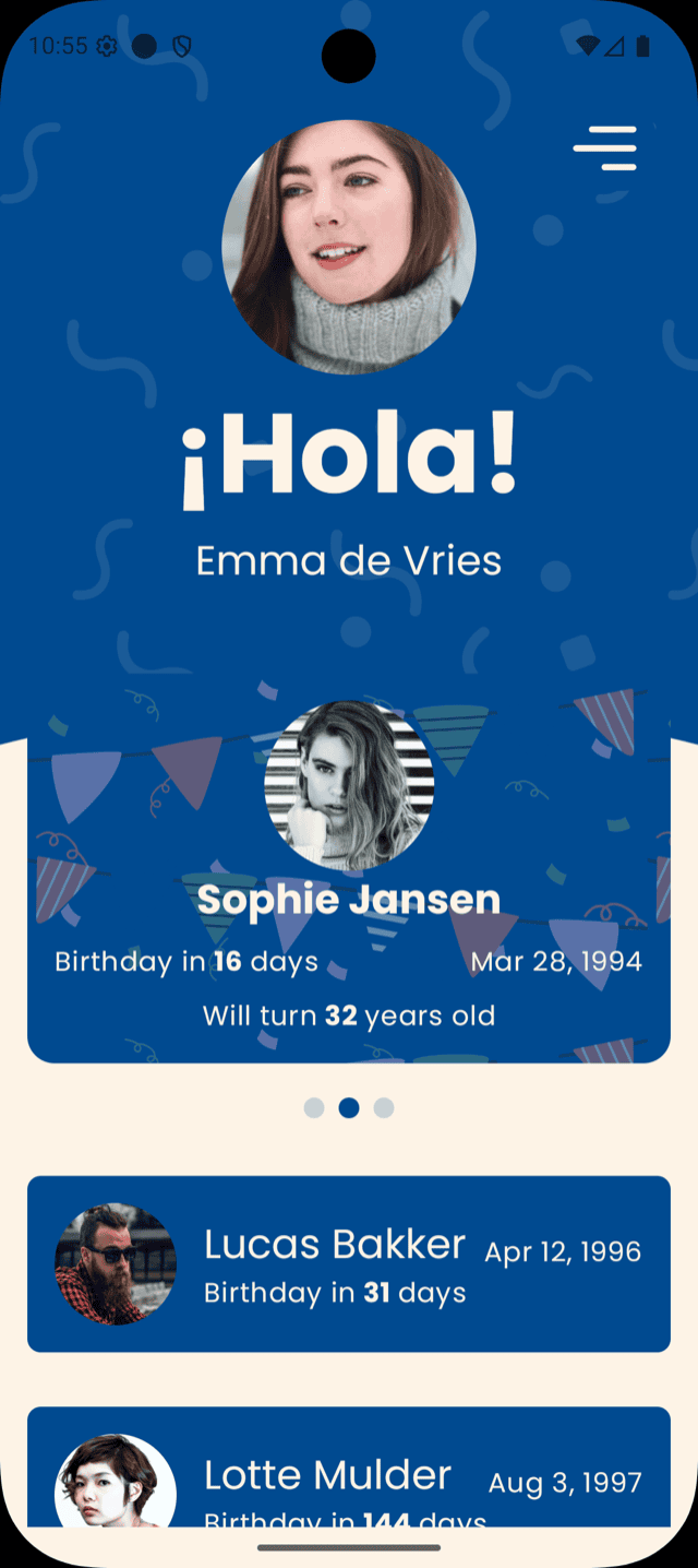 Anjo app on Android showing upcoming birthdays