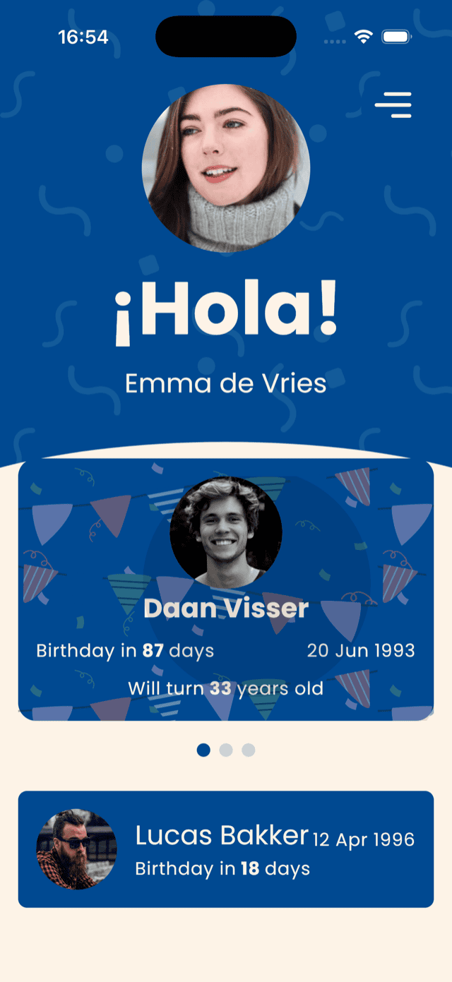 Anjo app on iPhone showing upcoming birthdays